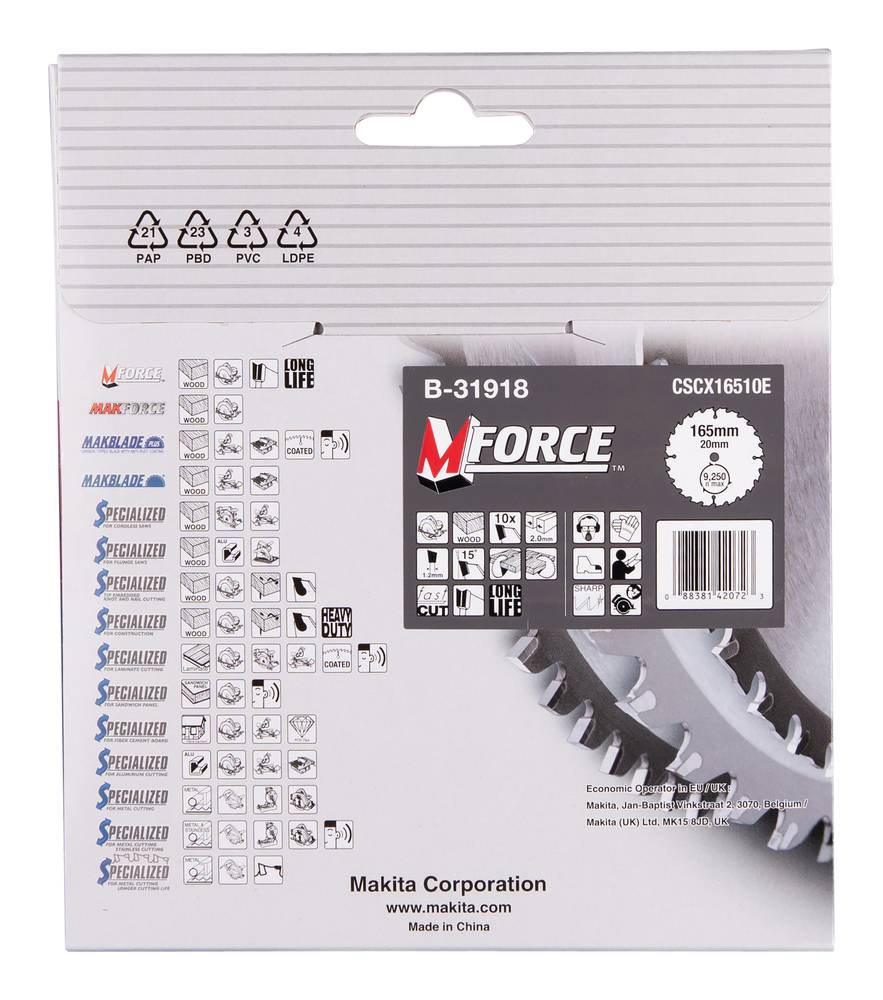 Vorderseite einer Makita-Kreissägeblatt-Verpackung mit der Bezeichnung 'M FORCE' und 'B-31918', zeigt Kompatibilitätssymbole und Blattgröße 165mm/20mm.