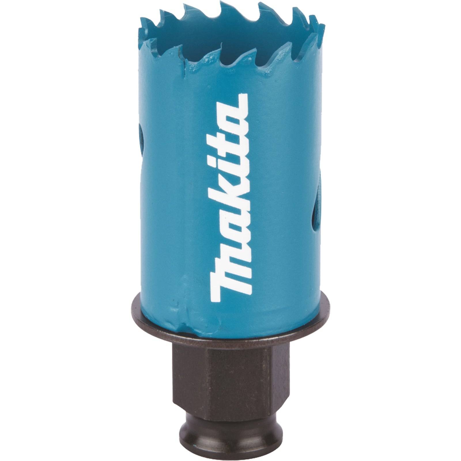 Ein blauer Makita-Lochsägebit mit gezackter Kante und zylindrischer Form, entwickelt zum Schneiden von kreisrunden Löchern in verschiedenen Materialien.