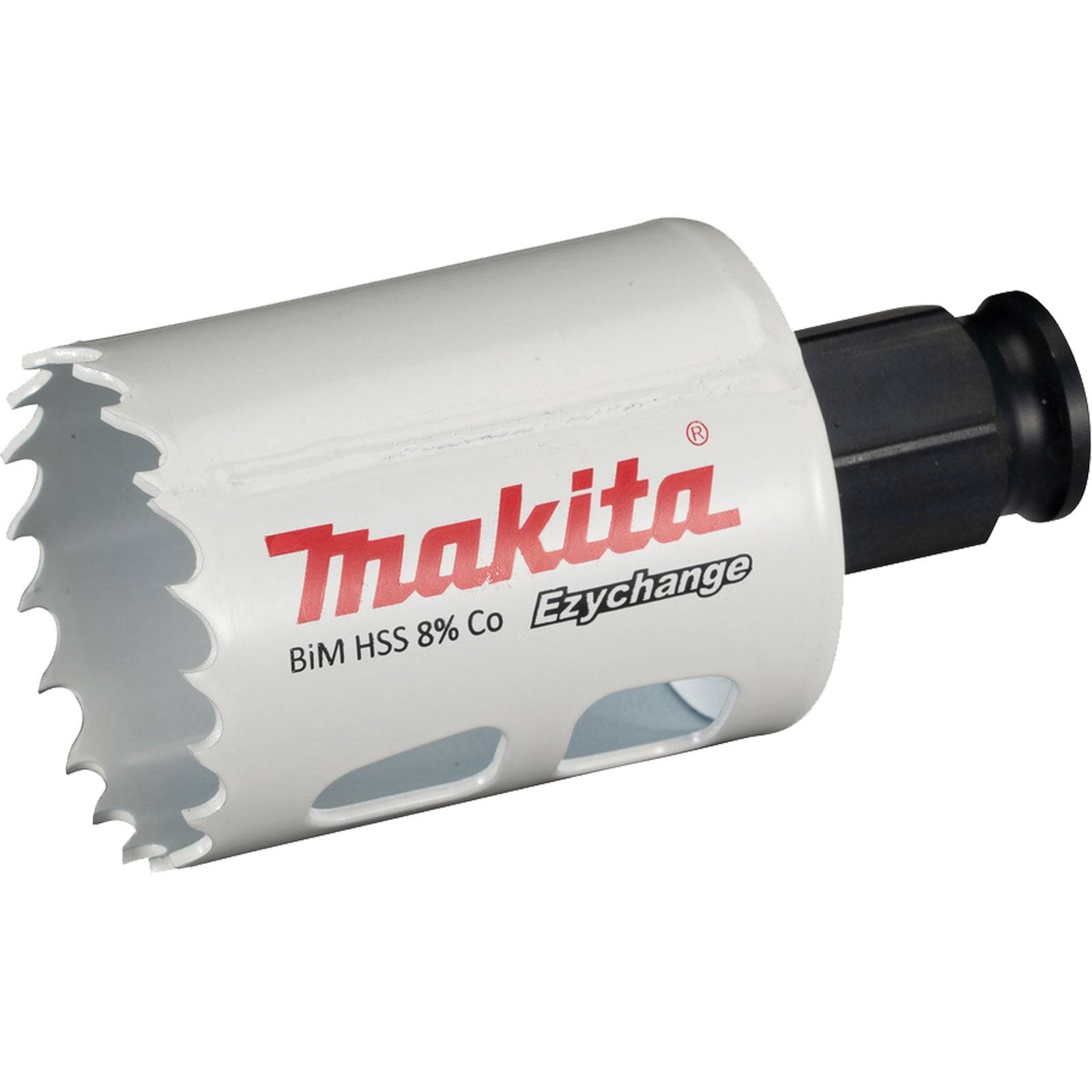 Makita Lochsäge mit weißem Gehäuse, sichtbarer Schneidkante, beschriftet mit 'BiM HSS 8% Co' und 'Ezychange', verwendet zum Bohren von Löchern in verschiedenen Materialien.