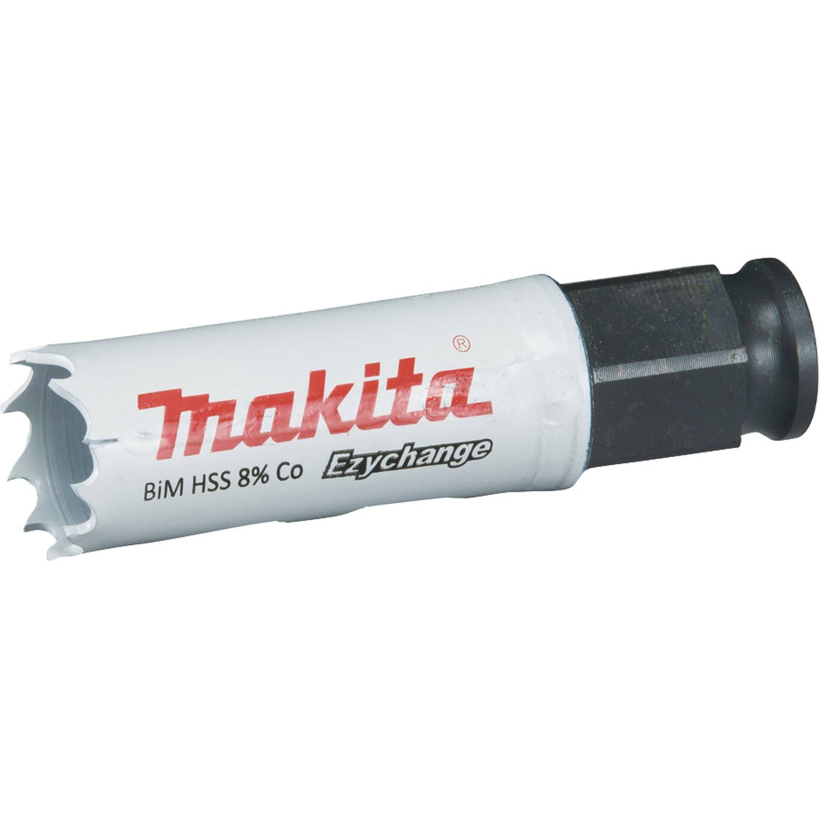 Ein weißer Makita-Lochsäge mit roter Markierung, gekennzeichnet als 'BiM HSS 8% Co Ezychange.' Sie ist für das Schneiden von Löchern in verschiedenen Materialien konzipiert.