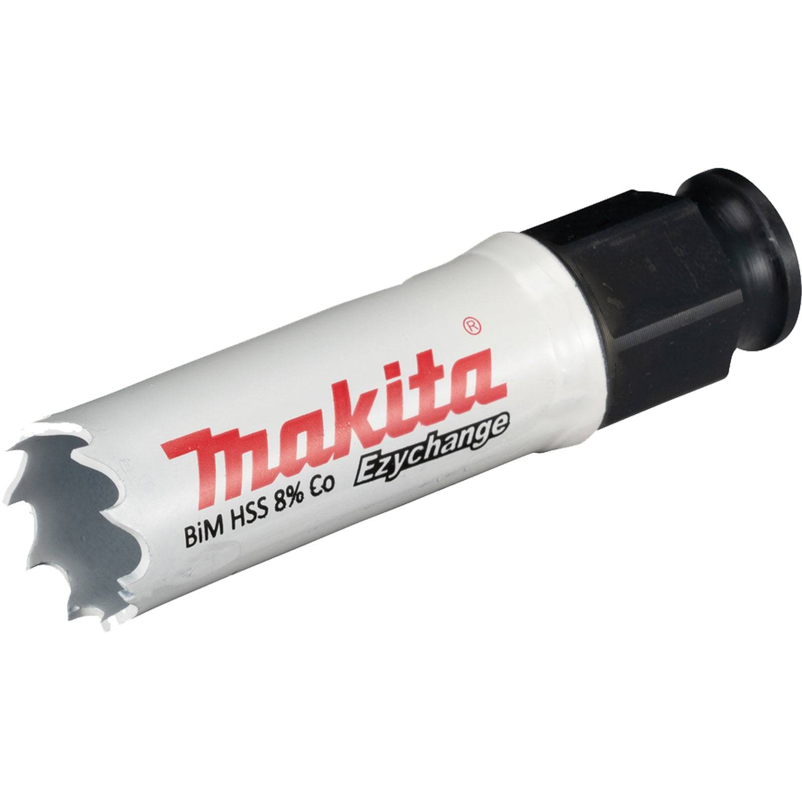Makita Ezychange Lochsäge mit einer BiM HSS 8% Co Bezeichnung, ausgestattet mit einer gezackten Schneidkante und sechseckiger Basis für einfache Befestigung.