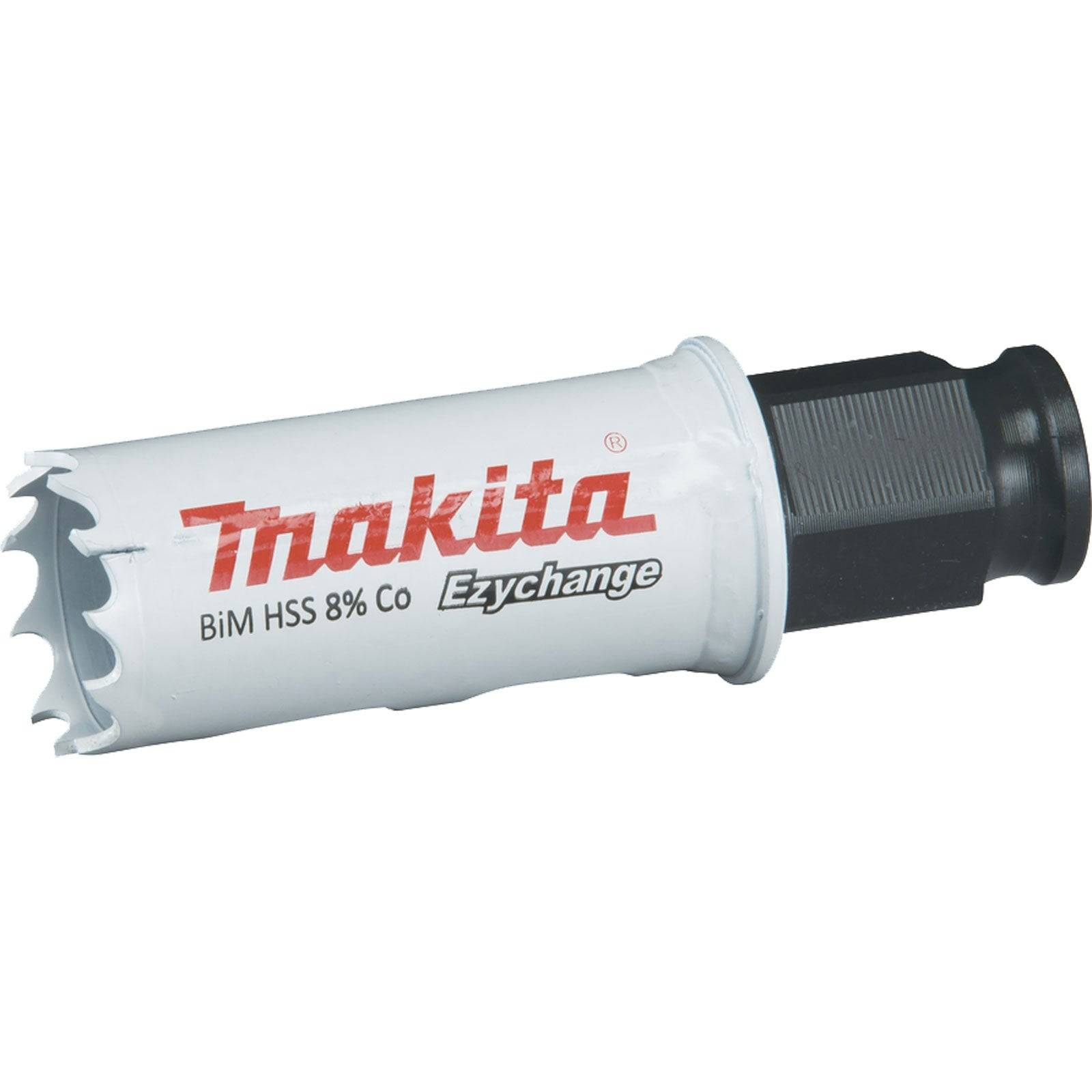 Ein Makita-Lochsägeblatt mit Wellenschliff, gekennzeichnet als 'BiM HSS 8% Co Ezychange', entwickelt zum Schneiden durch Materialien wie Metall.