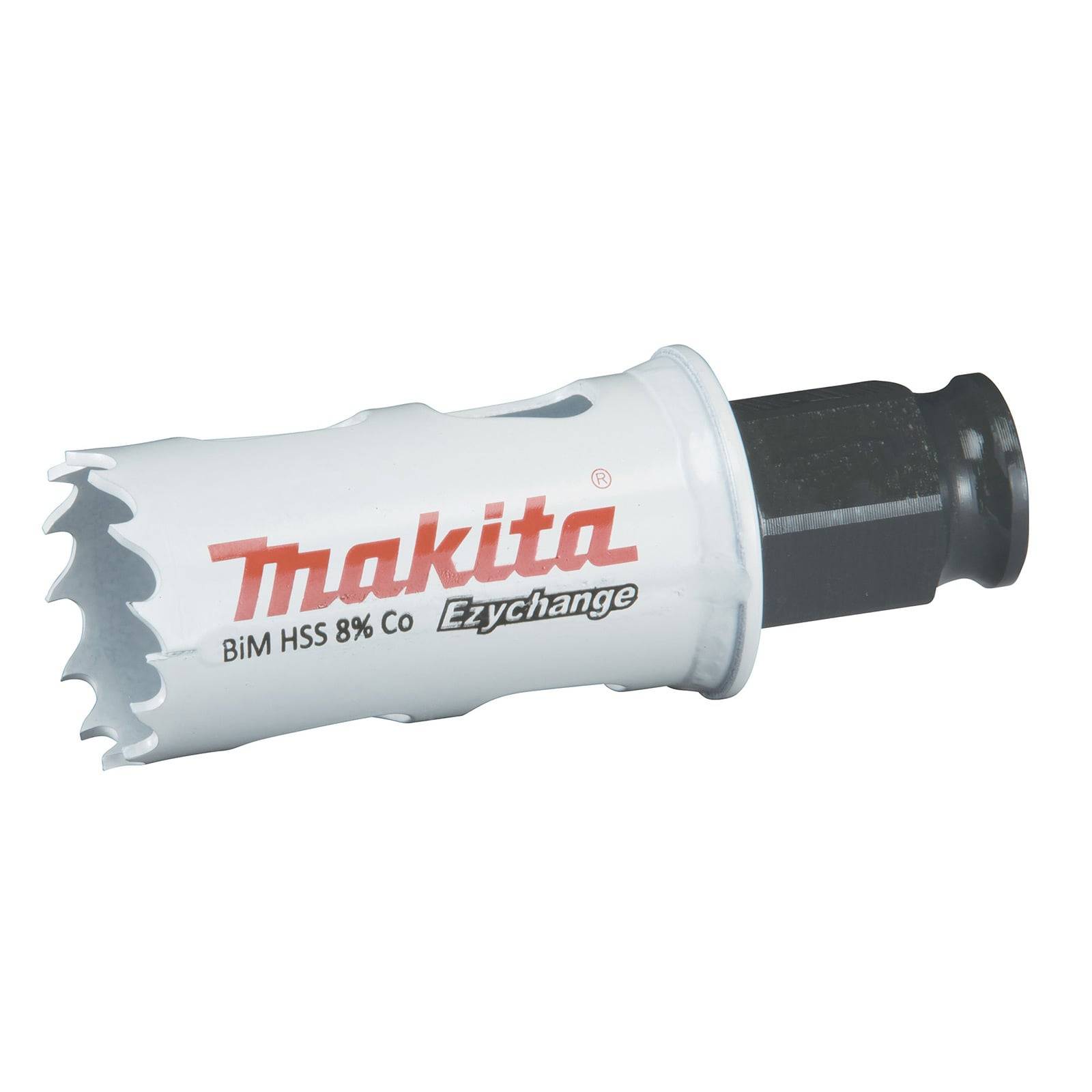 Eine Lochsäge mit gezackten Zähnen, gekennzeichnet als 'Makita BiM HSS 8% Co Ezychange', entwickelt zum Schneiden von Materialien. Weißer Körper, schwarzer Anschluss.