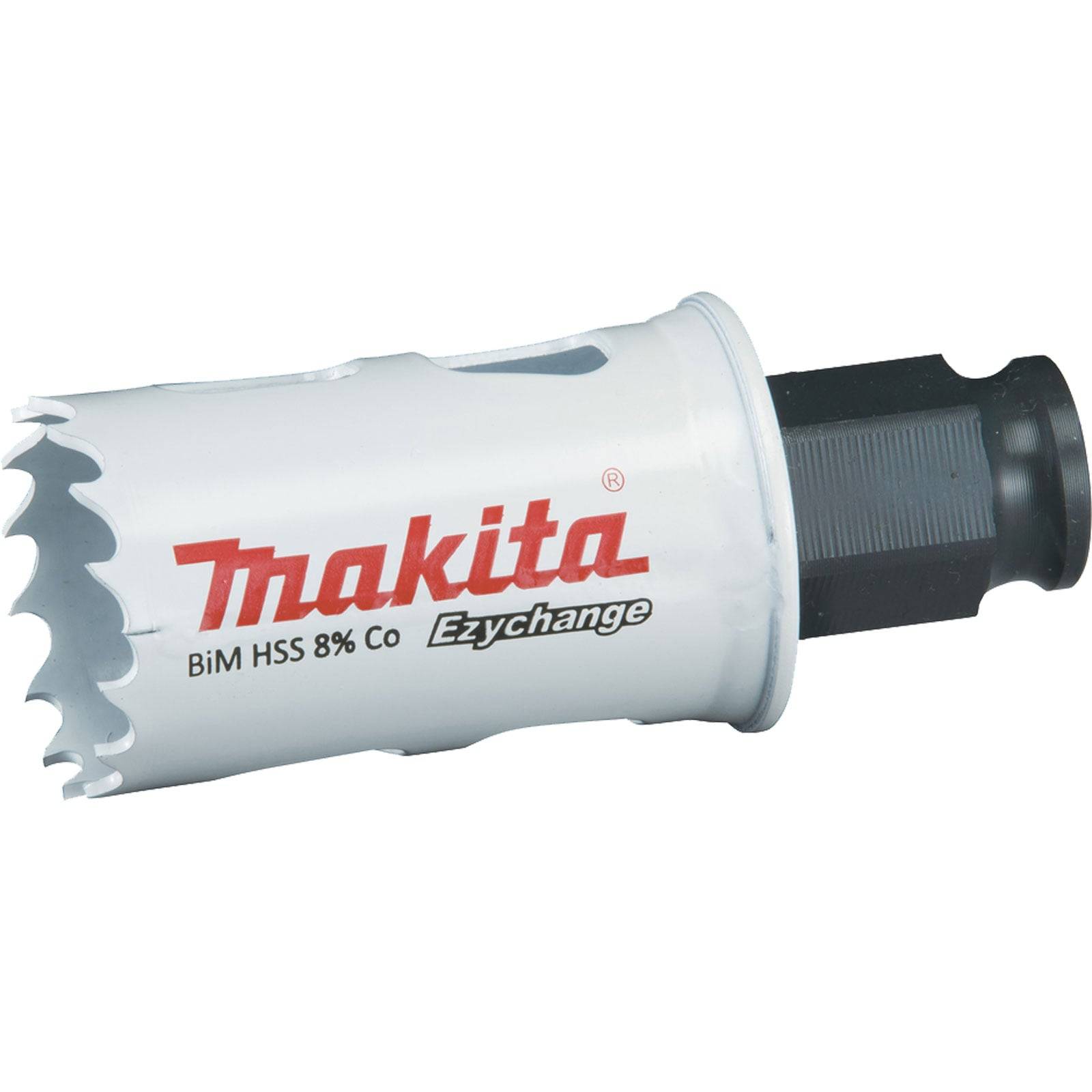 Lochsäge mit 'Makita BiM HSS 8% Co Ezychange' Aufdruck, mit robuster Metallkonstruktion und gezackter Kante zum Schneiden.