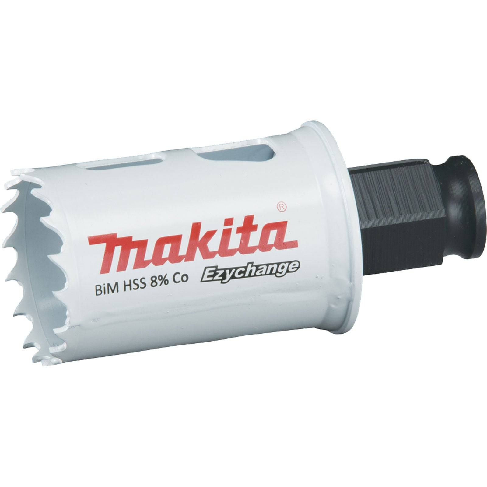 Ein weißer Makita BiM HSS 8% Co Lochsäge mit gezackter Kante und Ezychange-Beschriftung, entwickelt zum Schneiden von Metalloberflächen.