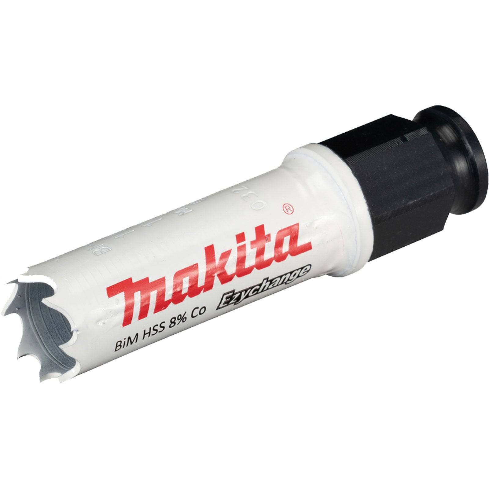 Ein weißer Makita Ezychange BiM HSS 8% Co Lochsäge mit schwarzer Befestigung. Verwendet zum präzisen Schneiden von Löchern in verschiedenen Materialien.