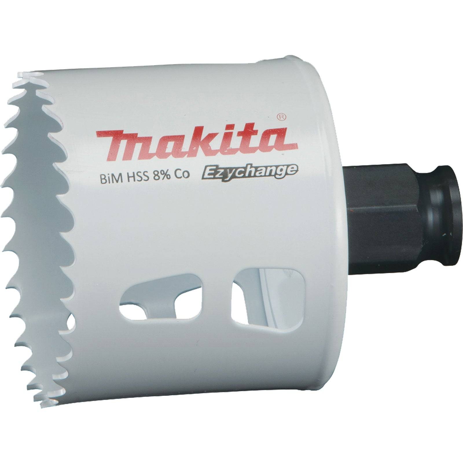 Ein weißer Makita Bi-Metall-Lochsäge mit 'Ezychange'-Branding, ausgestattet mit scharfen Zähnen zum Schneiden und einem schwarzen zylindrischen Aufsatz für Bohrmaschinen.