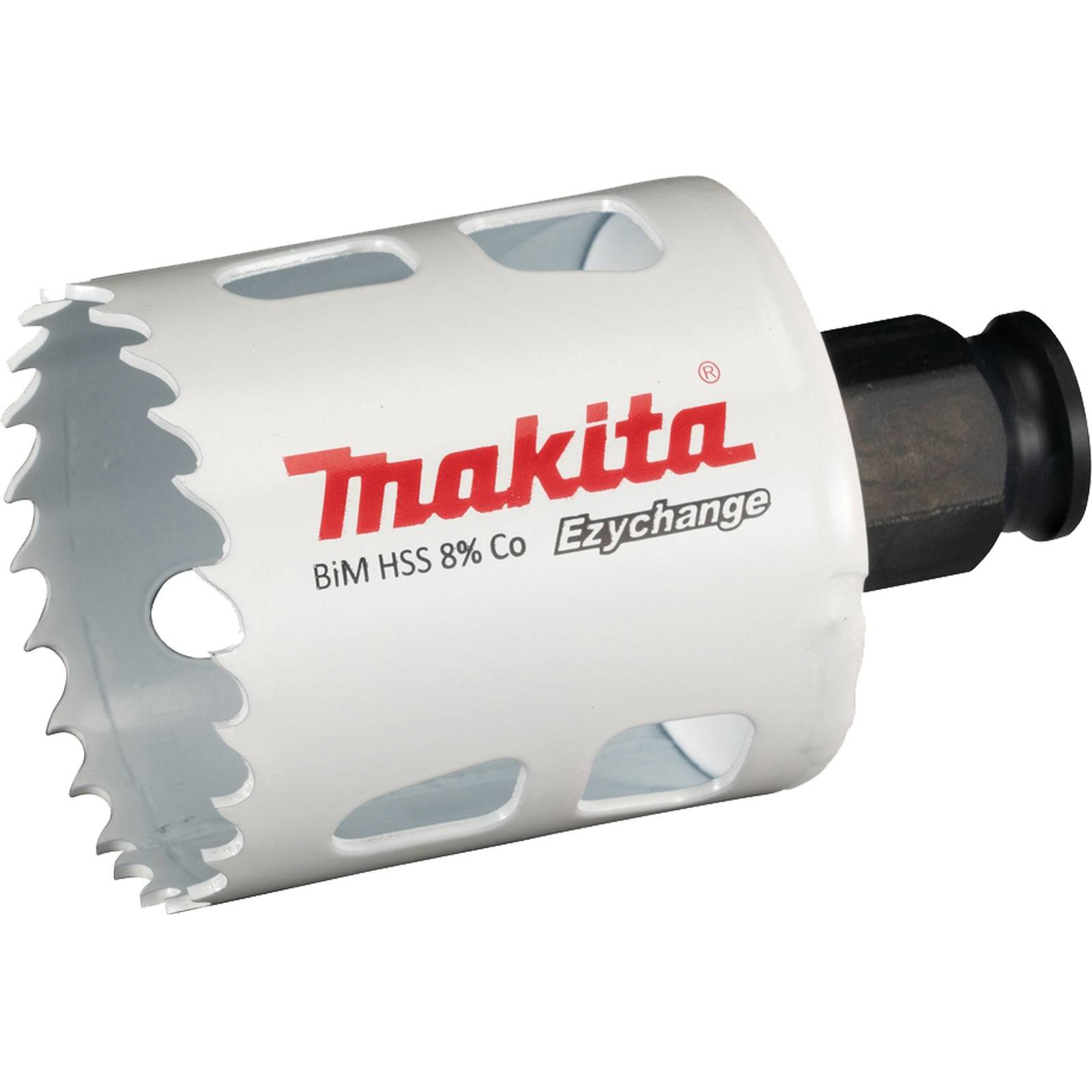 Eine weiße Makita Lochsäge mit Bi-Metall-HSS-Konstruktion, mit dem Aufdruck 