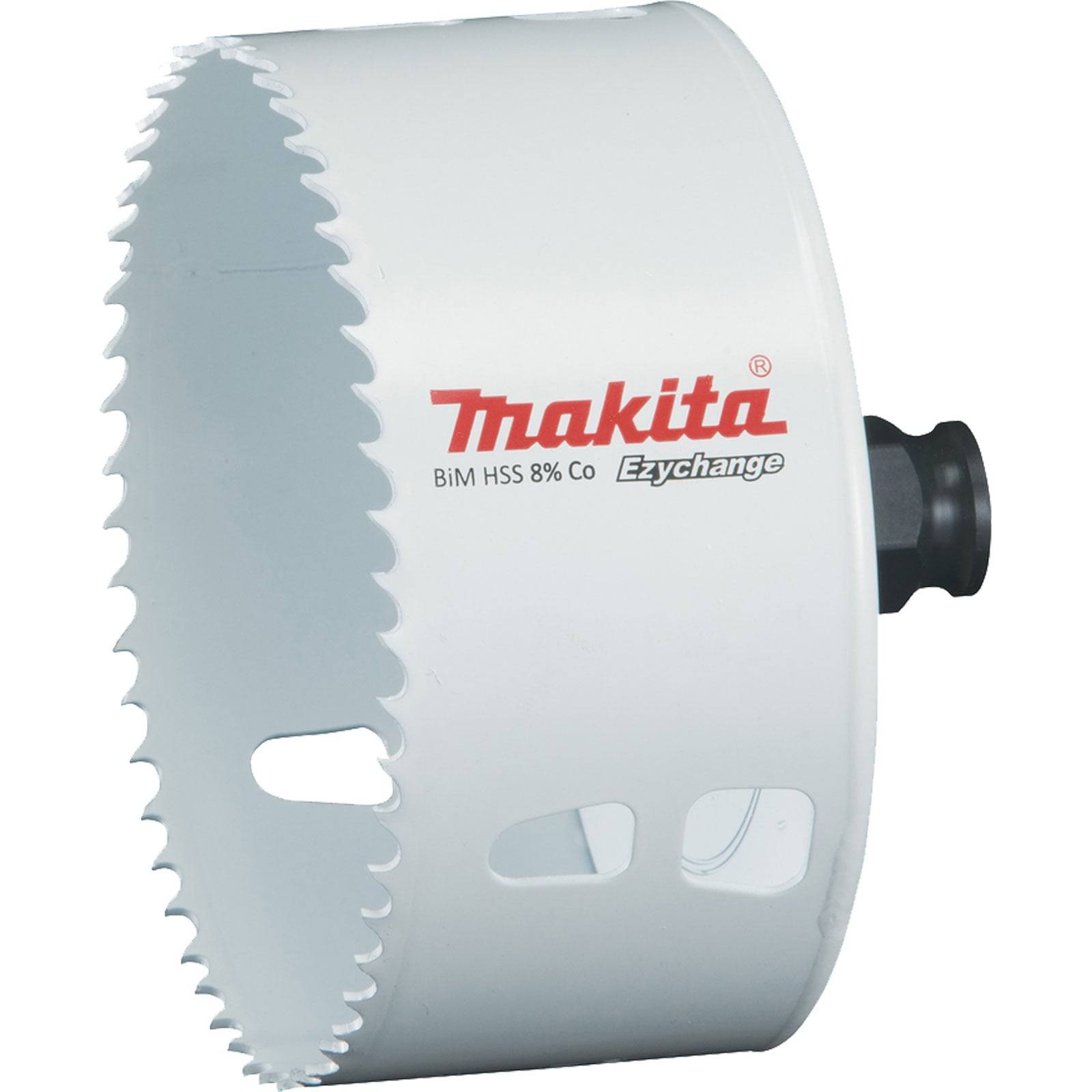 Lochsäge mit Makita-Branding, gezeigt mit ihrer gezackten Schneidkante. Entwickelt zum Bohren großer Löcher in verschiedenen Materialien.