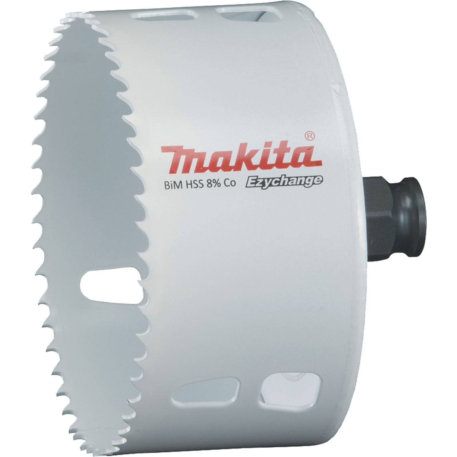 Ein weißer Makita-Lochsägeaufsatz aus BiM HSS 8% Co-Material mit einem Ezychange-System wird gezeigt, der zum Bohren sauberer Löcher in verschiedenen Materialien entwickelt wurde.