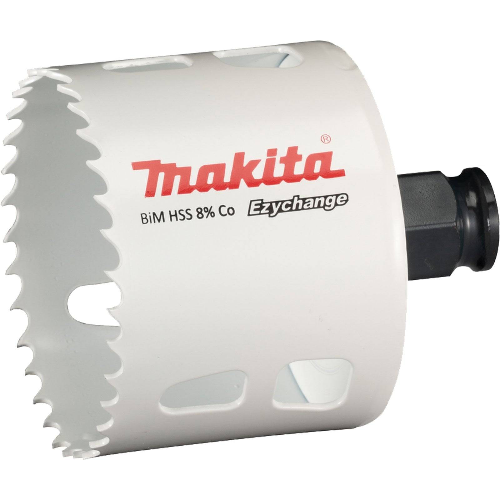 Das Bild zeigt eine Makita BiM HSS 8% Co Ezychange Lochsäge mit gezackter Kante und einem schwarzen Befestigungspunkt, die zum Schneiden von Löchern in verschiedenen Materialien entwickelt wurde.