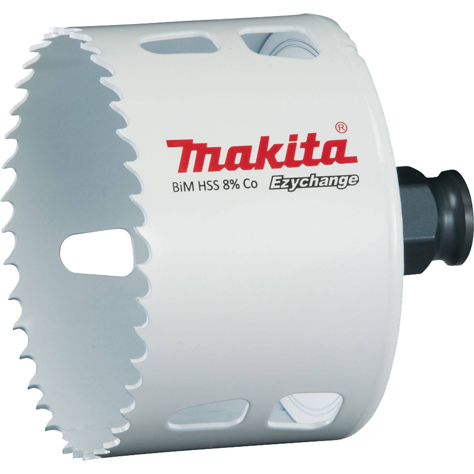 Ein weißer Makita Ezychange Lochsägeaufsatz mit der Aufschrift 