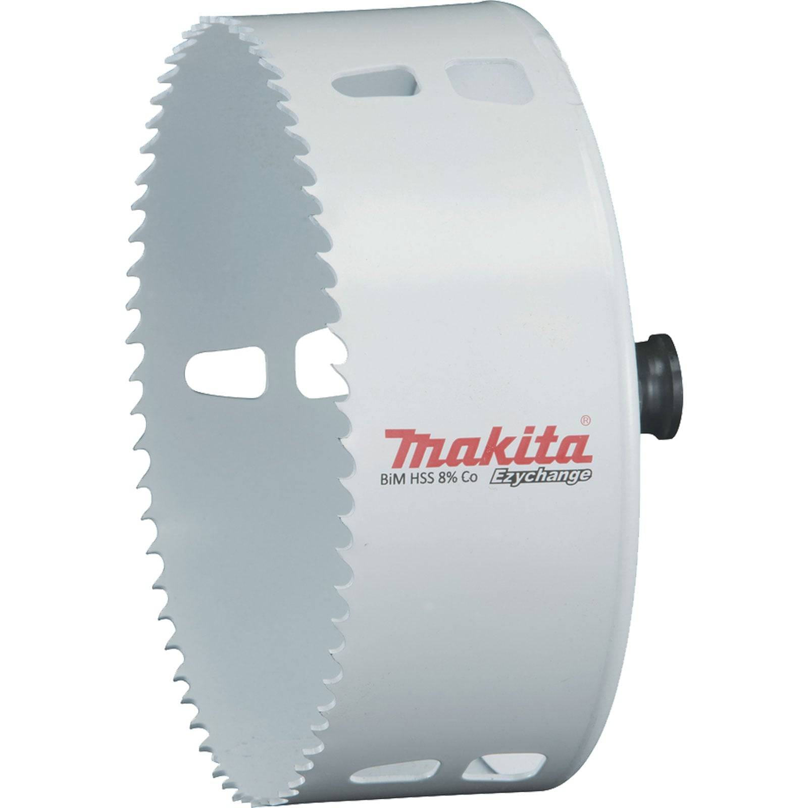 Eine weiße Makita Ezychange Bi-Metall-Lochsäge mit sichtbaren Zähnen und Markenlogo, entwickelt zum Bohren durch Metall- und Holzoberflächen.