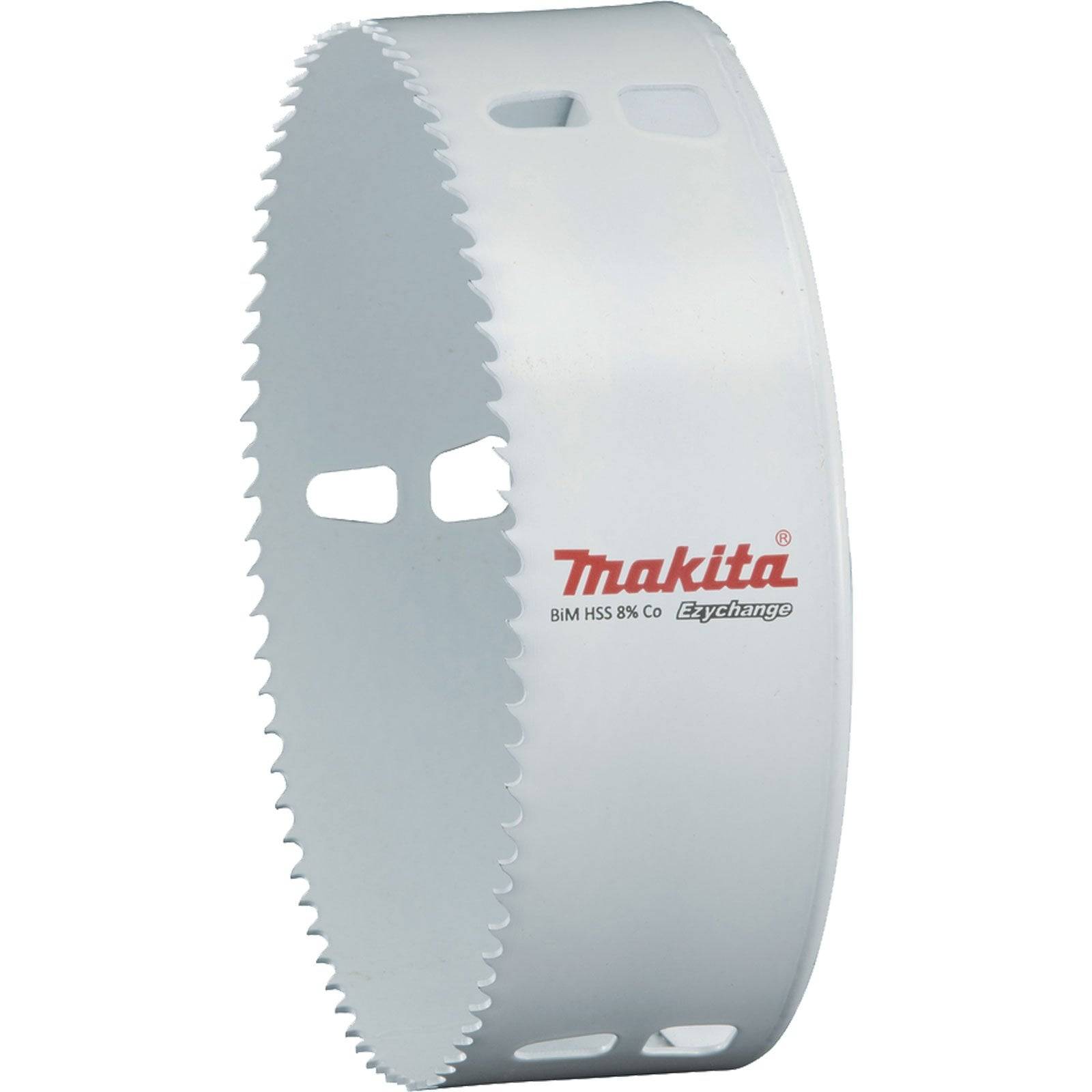 Eine weiße Kreissägeblatt der Marke Makita mit scharfen Zähnen, verwendet zum Schneiden von Materialien wie Holz und Metall.