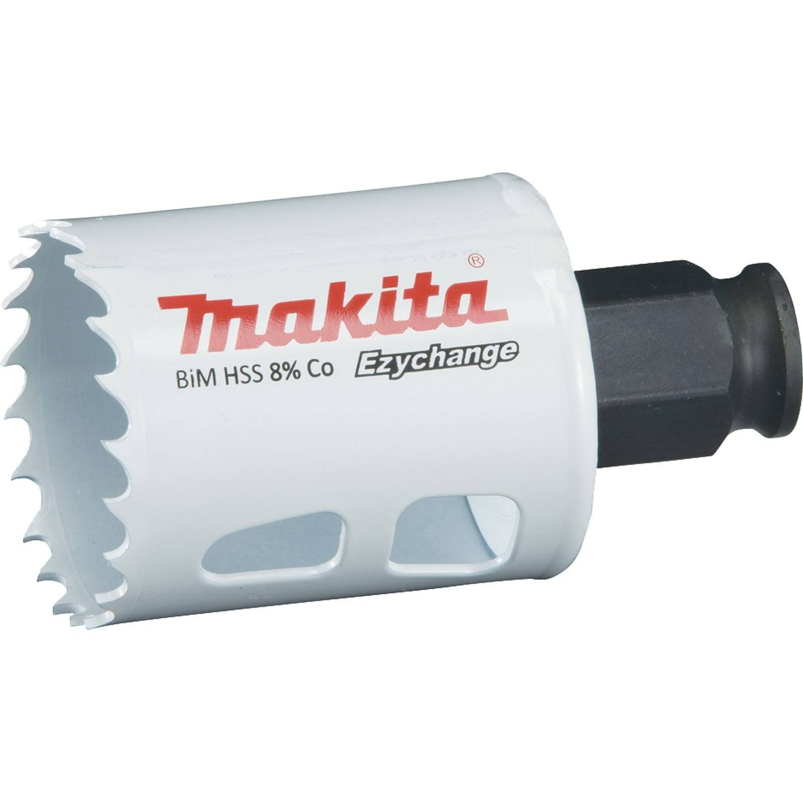 Makita Lochsäge mit 'BiM HSS 8% Co Ezychange' Branding, mit einem weißen zylindrischen Körper und einer gezackten Schneidkante sowie einem schwarzen Anbaubereich.