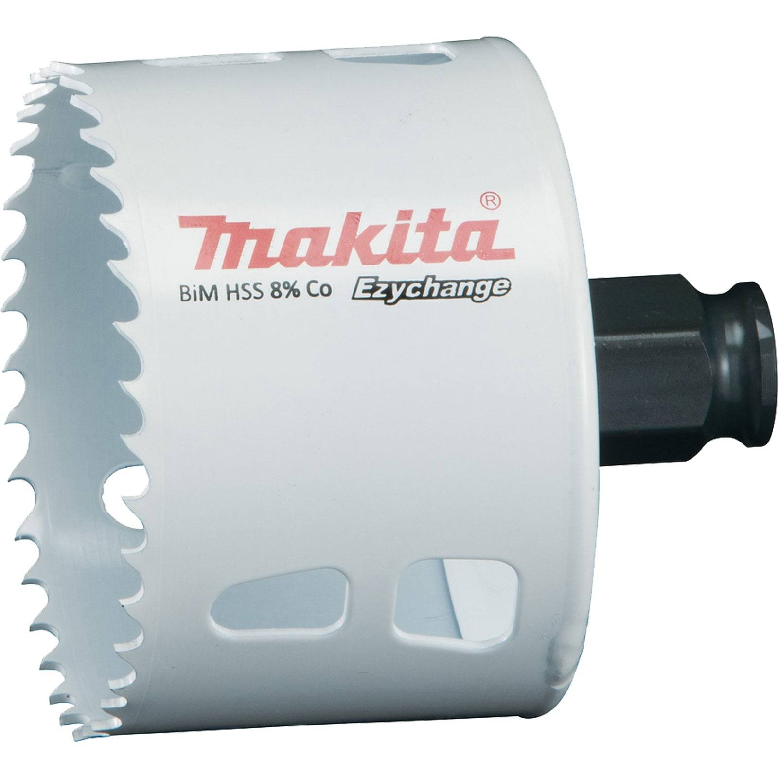 Lochsäge-Aufsatz mit 'Makita'-Branding, die eine weiße zylindrische Sägeblatt mit Zähnen zeigt, geeignet zum Schneiden von Löchern in verschiedenen Materialien.