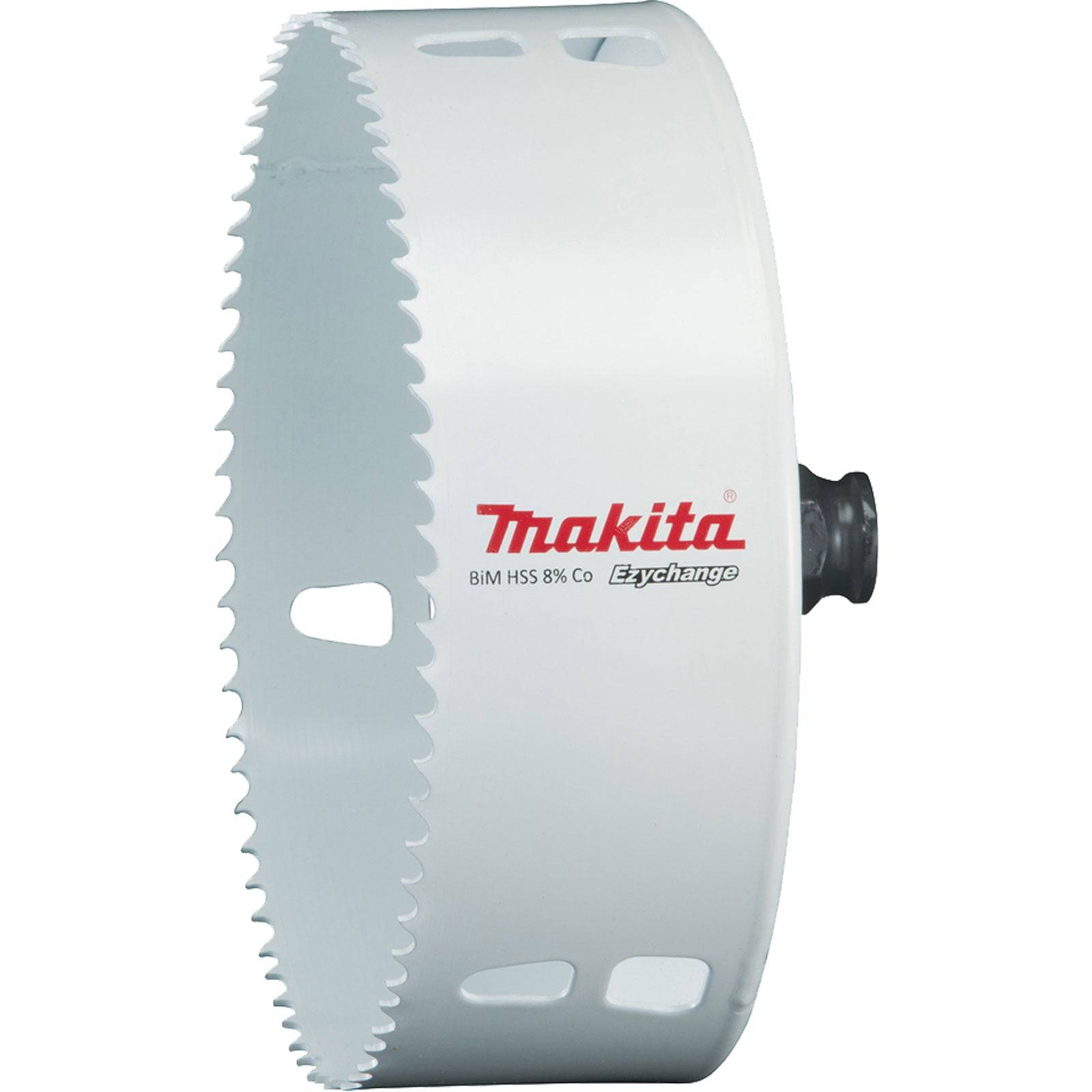 Lochsäge mit gezahnter Klingenkante, beschriftet mit 'Makita BiM HSS 8% Co'. Sie wird zum Schneiden von kreisförmigen Löchern in Holz, Metall und Kunststoff verwendet.