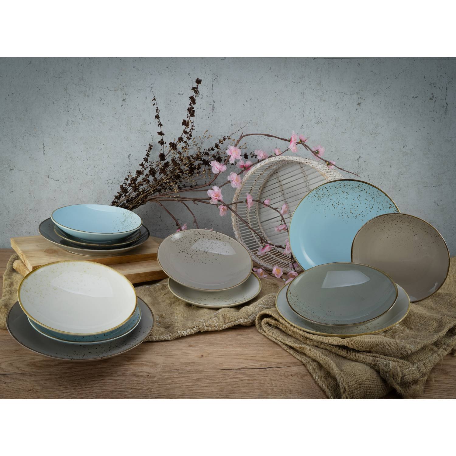 CreaTable 20965 Speiseteller Nature Collection Skandinavien, Ø 27 cm, Steinzeug, mehrfarbig/grau/creme (1 Set, 12-teilig)