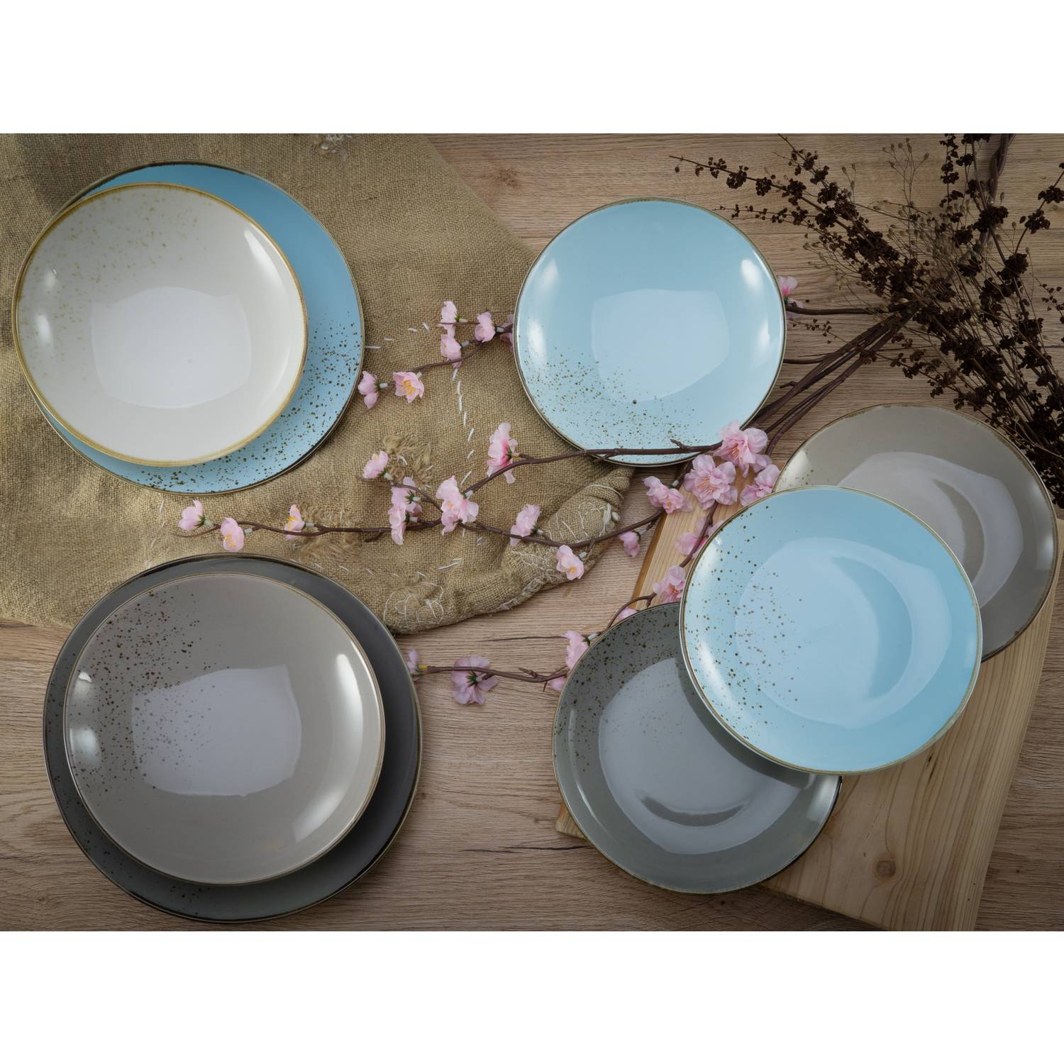 CreaTable 20965 Speiseteller Nature Collection Skandinavien, Ø 27 cm, Steinzeug, mehrfarbig/grau/creme (1 Set, 12-teilig)