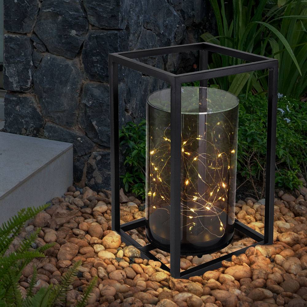Solarleuchte Außen Outdoor Solarlampe Gartenleuchte Metallgestell LED Solar Lichterkette Außen, Metall Acryl, 1x LED warmweiß, LxBxH 17x17x28 cm,