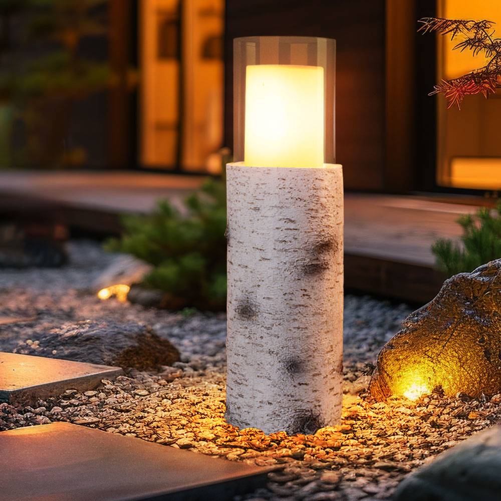 LED Solarleuchte Außenleuchte Solarlampe Gartenleuchte Tischleuchte Terrassenlampe, Holzoptik weiß Kunststoff Glas, Akku inkl. 6-8h, 1200K, H 43,5