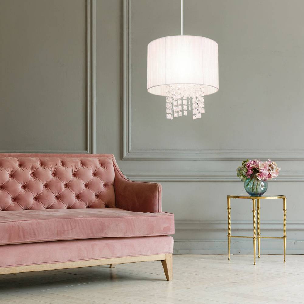 Pendelleuchte weiß Hängelampe Esstischleuchte Wohnzimmerlampe Kristalle, Seide, 1x E27, DxH 30 x 120 cm