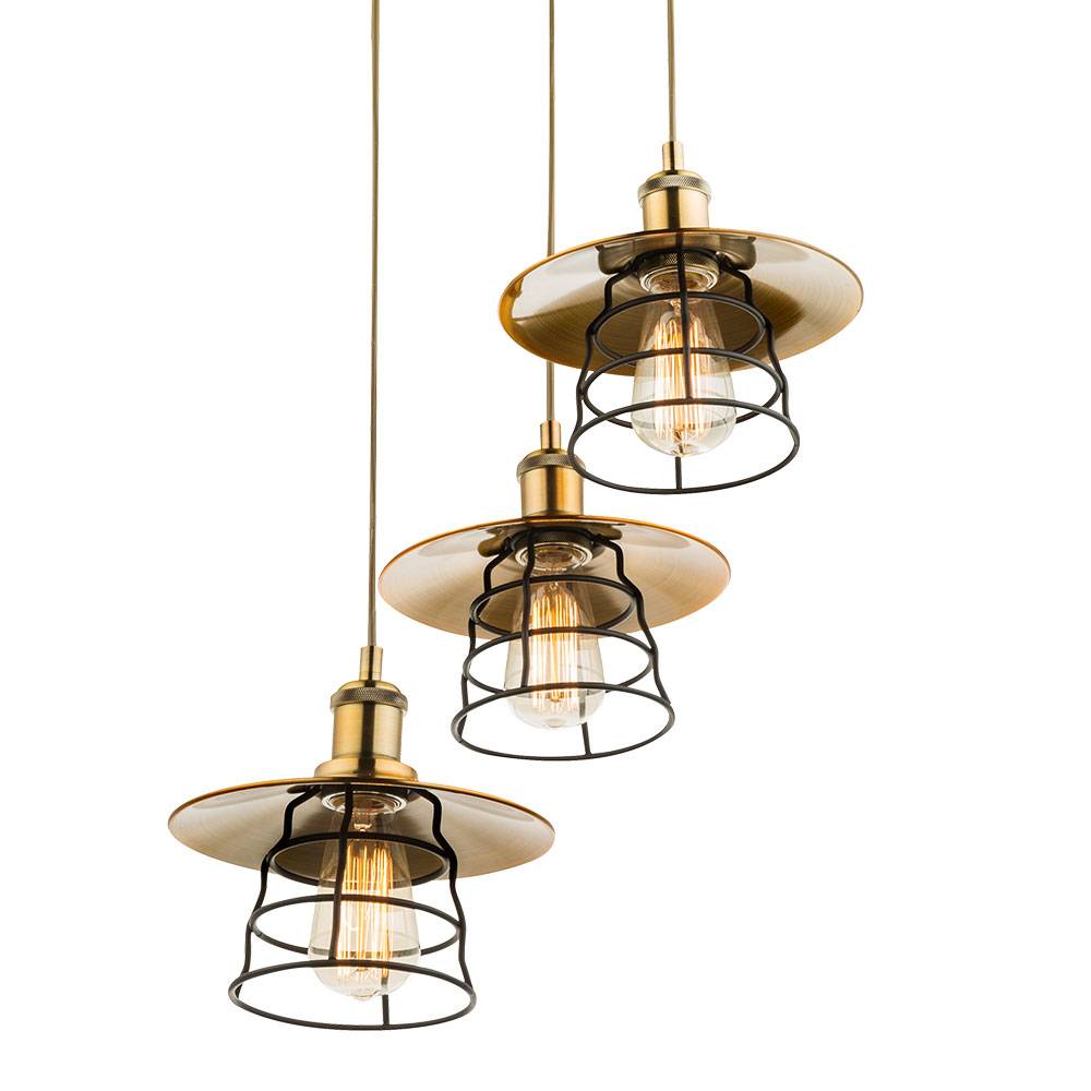 Decken Pendel Hänge Lampe Messing Leuchte Schwarz 3 Hänger Rund Gitter