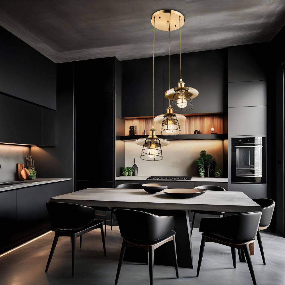 Decken Pendel Hänge Lampe Messing Leuchte Schwarz 3 Hänger Rund Gitter