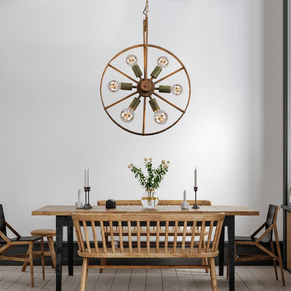 Pendelleuchte Hängelampe Hängeleuchte Esszimmerlampe Wohnzimmerleuchte, 6 Flammig Industriell, Metall grün rostfarben, E27 Fassungen, DxH 50x133cm