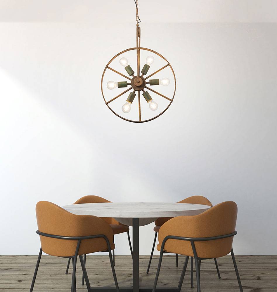 Pendelleuchte Hängelampe Hängeleuchte Esszimmerlampe Wohnzimmerleuchte, 6 Flammig Industriell, Metall grün rostfarben, E27 Fassungen, DxH 50x133cm