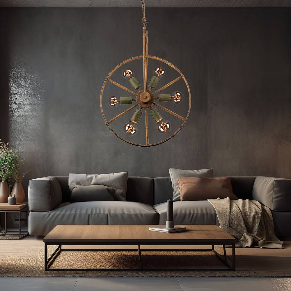 Pendelleuchte Hängelampe Hängeleuchte Esszimmerlampe Wohnzimmerleuchte, 6 Flammig Industriell, Metall grün rostfarben, E27 Fassungen, DxH 50x133cm