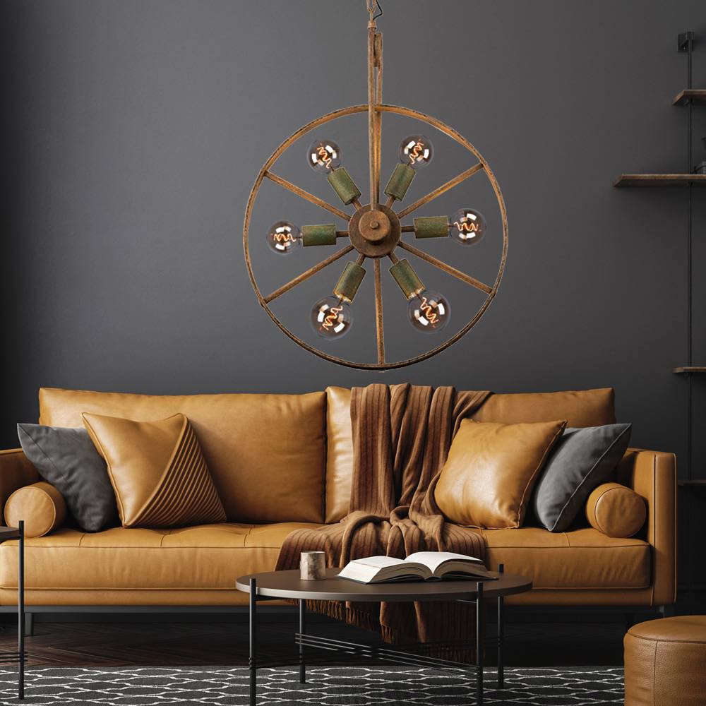 Pendelleuchte Hängelampe Hängeleuchte Esszimmerlampe Wohnzimmerleuchte, 6 Flammig Industriell, Metall grün rostfarben, E27 Fassungen, DxH 50x133cm