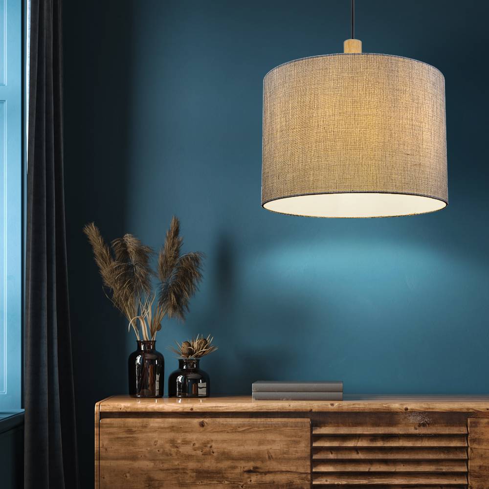 Hängelampe Pendelleuchte Wohnzimmerlampe Esszimmerleuchte, Metall Textil Holz grau, E27, D 40 cm