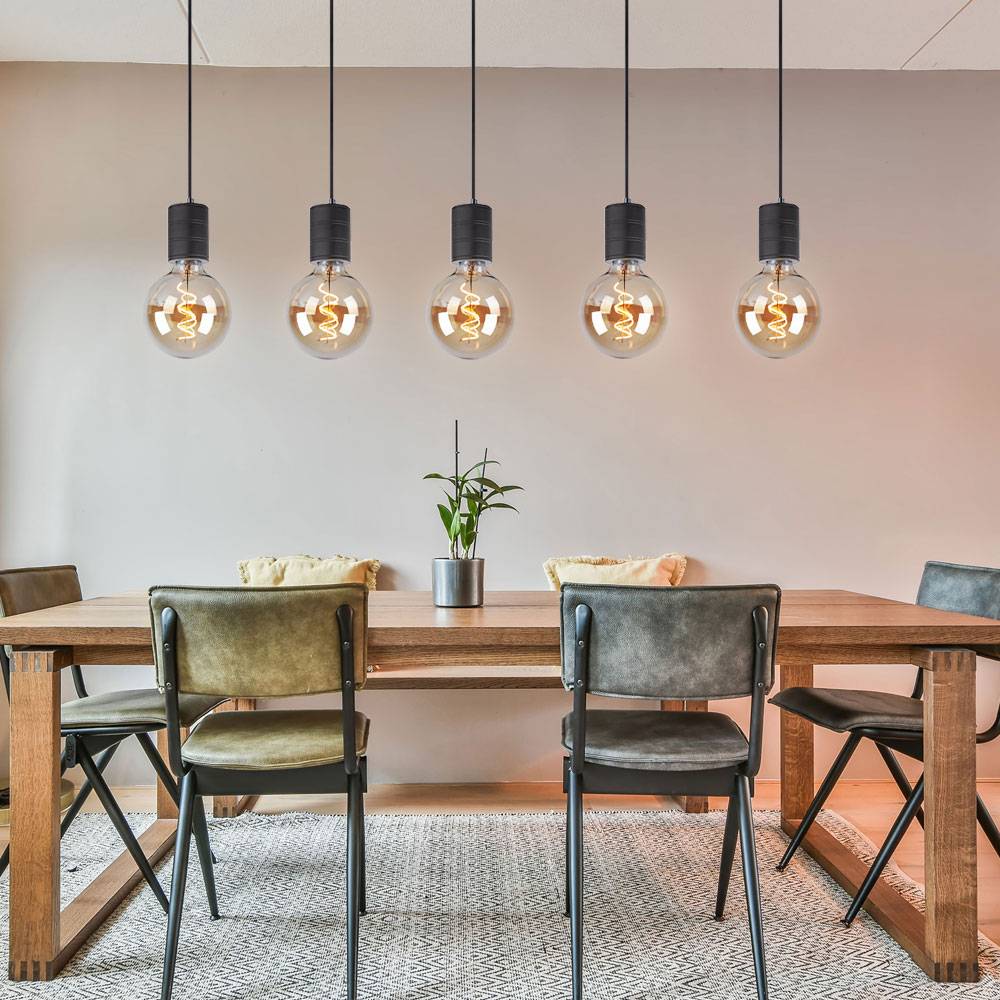 Pendelleuchte schwarz 5 flammig Wohnzimmer Aluminium Hängelampe, Metall, schwarz, 5x E27 Fassungen, LxBxH 115x10x120 cm