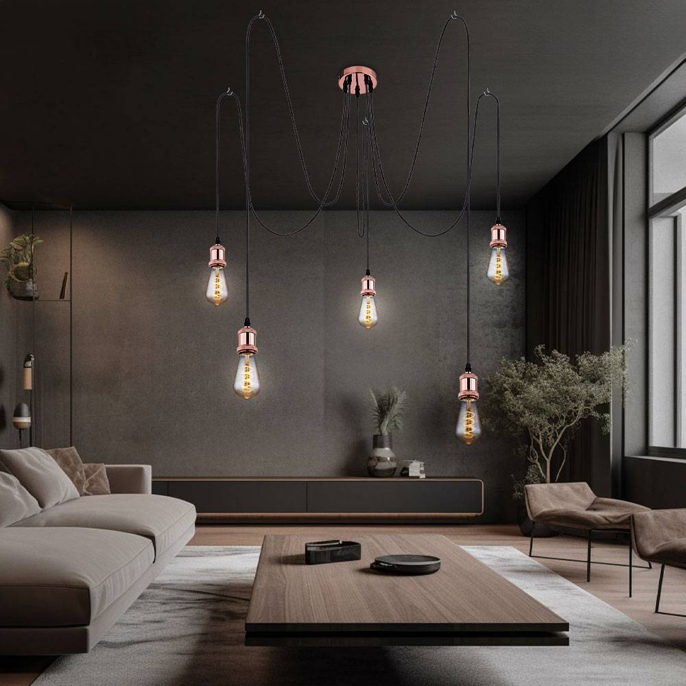 Pendelleuchte Hängelampe Esszimmerleuchte 5 flammig Hängelampe Wohnzimmerleuchte, Textil Metall kupfer, 5x E27, H 200 cm