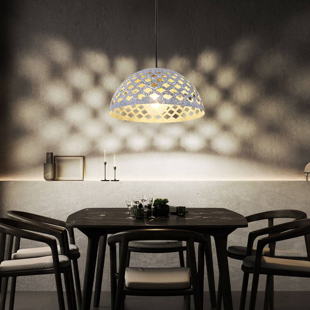 Hängeleuchte rund, Schirm in Marmoroptik mit Dekorstanzungen grau