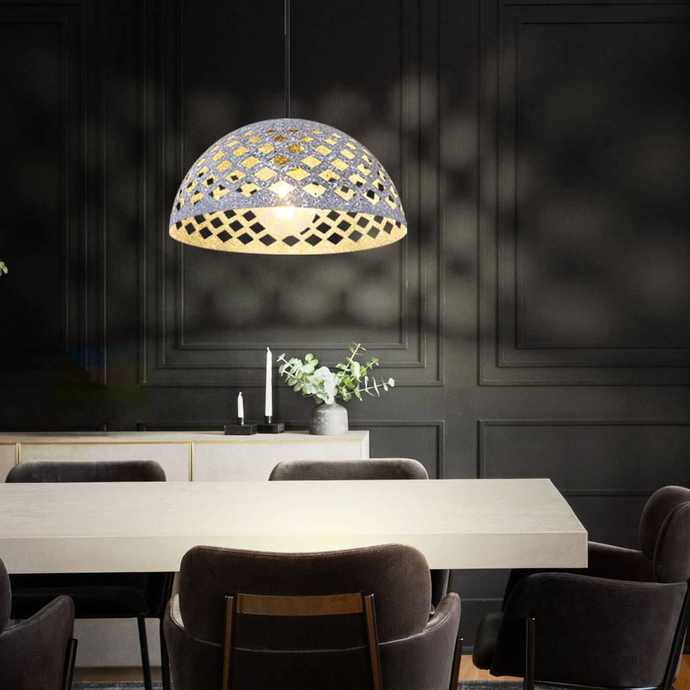 Hängeleuchte rund, Schirm in Marmoroptik mit Dekorstanzungen grau