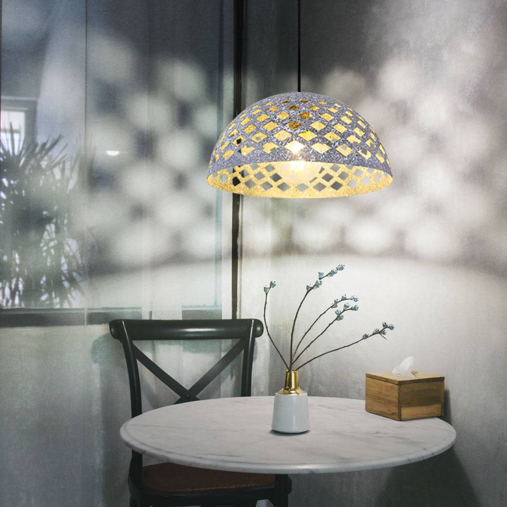 Hängeleuchte rund, Schirm in Marmoroptik mit Dekorstanzungen grau