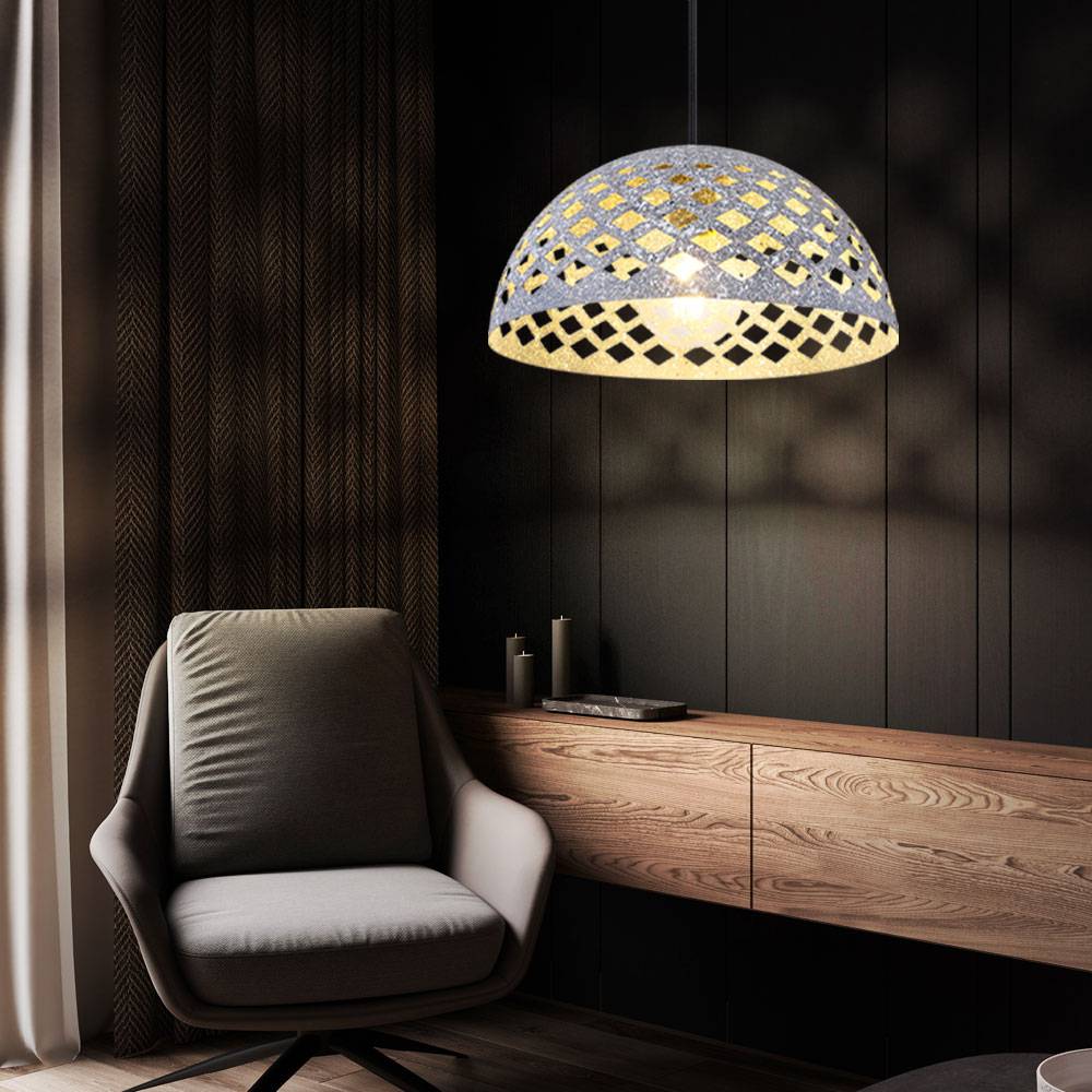 Hängeleuchte rund, Schirm in Marmoroptik mit Dekorstanzungen grau