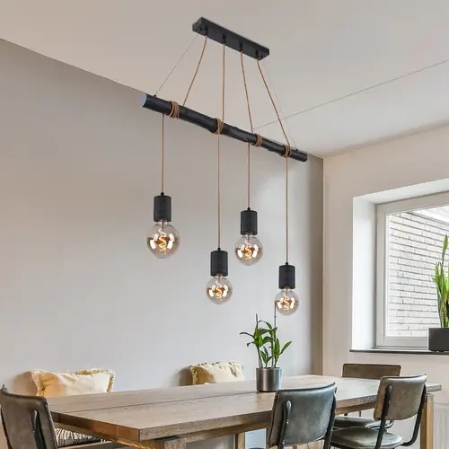 Pendellampe Hängeleuchte Wohnzimmerleuchte Esszimmerlampe 4 flammig höhenverstellbar, Alu Holz Metall schwarz, E27, H 120 cm Pendellampe Hängeleuchte Wohnzimmerleuchte Esszimmerlampe 4 flammig höhenverstellbar, Alu Holz Metall schwarz, E27, H 120 cm