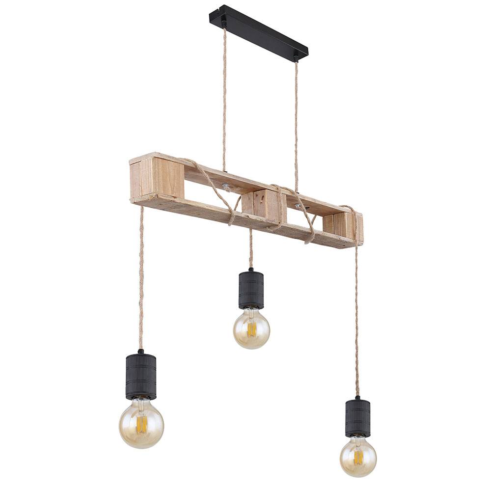Pendelleuchte Holzlampe 3 flammig Esstischlampe Paletten Design Hängelampe zum verstellen, Metall Holz, schwarz braun, 3x E27 Fassungen, LxBxH