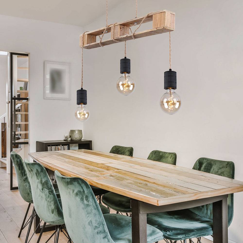 Pendelleuchte Holzlampe 3 flammig Esstischlampe Paletten Design Hängelampe zum verstellen, Metall Holz, schwarz braun, 3x E27 Fassungen, LxBxH
