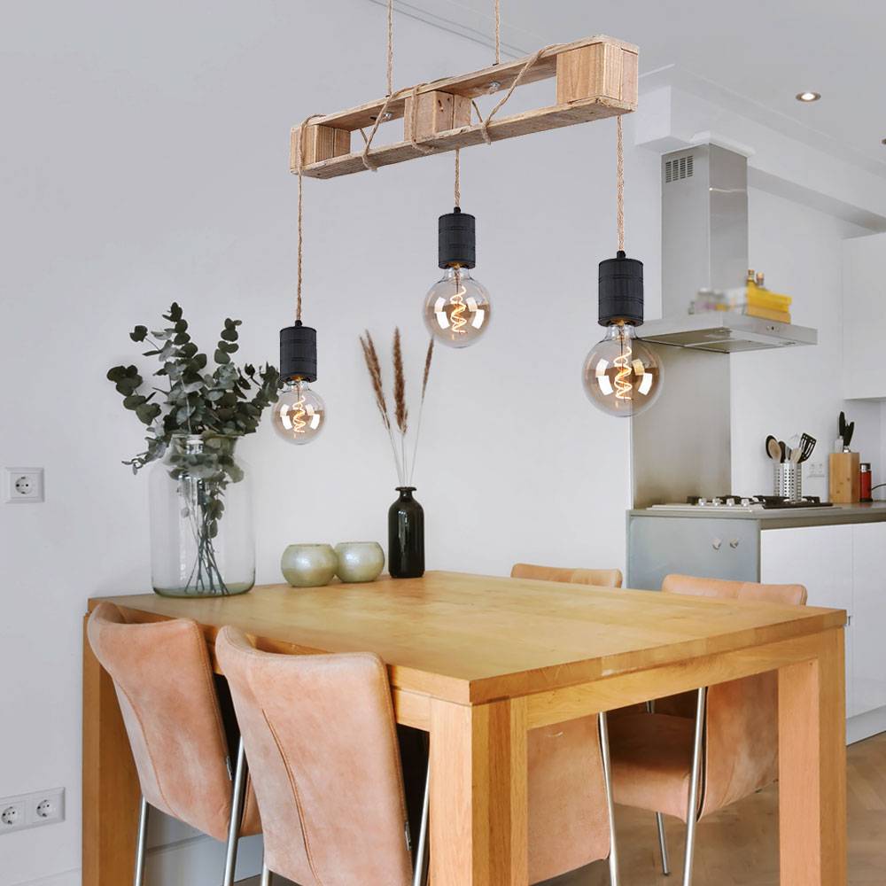 Pendelleuchte Holzlampe 3 flammig Esstischlampe Paletten Design Hängelampe zum verstellen, Metall Holz, schwarz braun, 3x E27 Fassungen, LxBxH