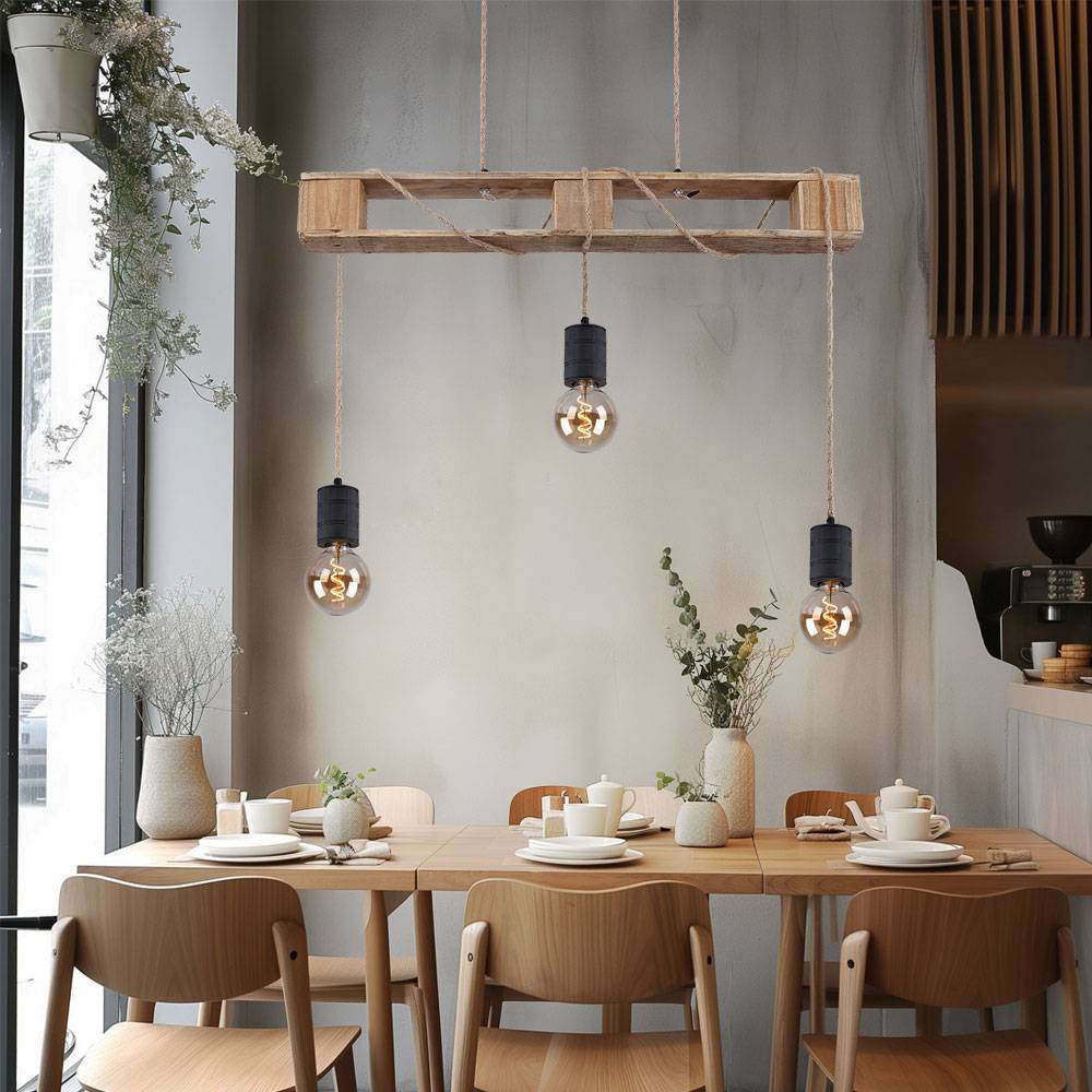 Pendelleuchte Holzlampe 3 flammig Esstischlampe Paletten Design Hängelampe zum verstellen, Metall Holz, schwarz braun, 3x E27 Fassungen, LxBxH