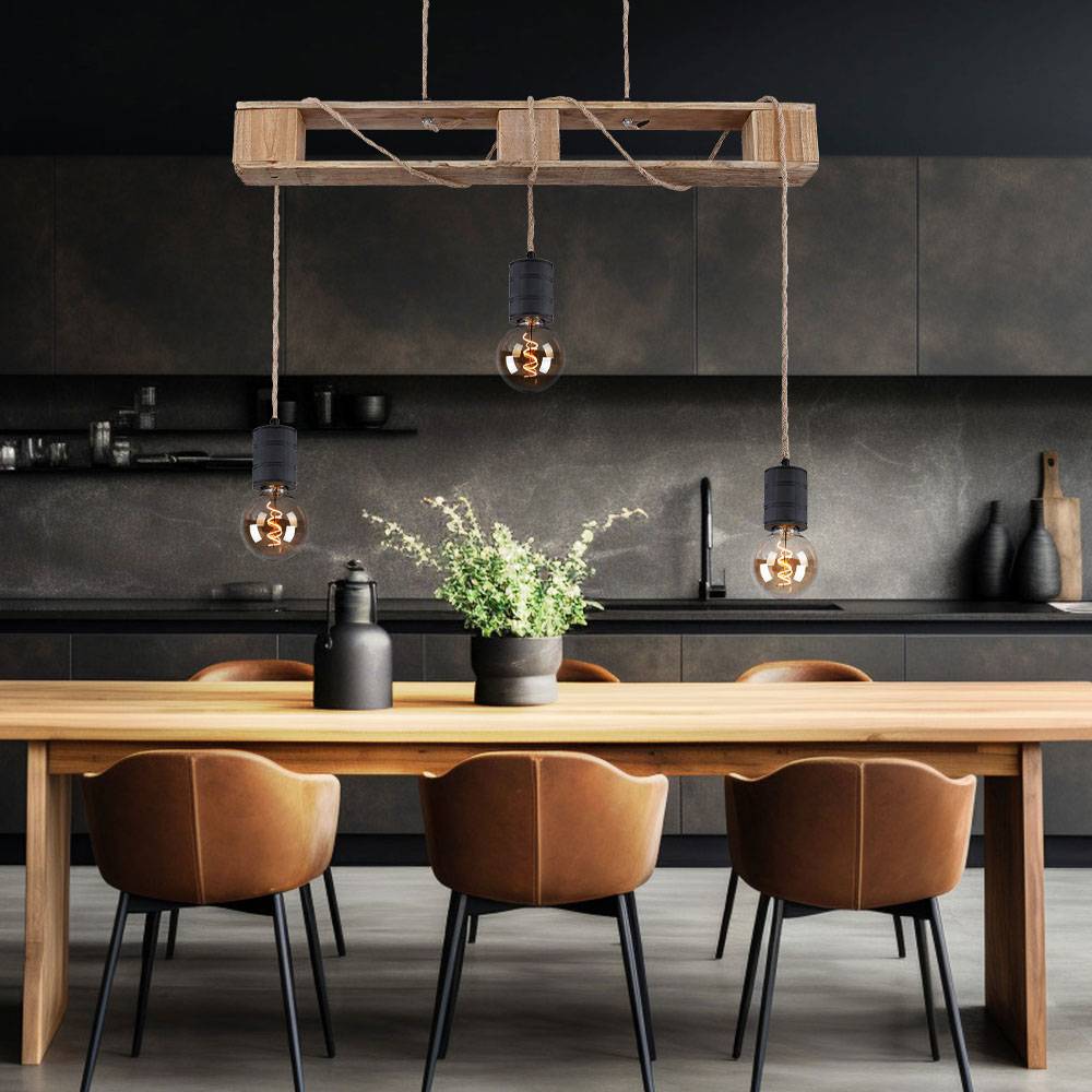 Pendelleuchte Holzlampe 3 flammig Esstischlampe Paletten Design Hängelampe zum verstellen, Metall Holz, schwarz braun, 3x E27 Fassungen, LxBxH