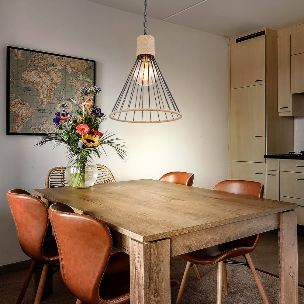 Pendellampe Hanfseil Hängeleuchte Kette Esszimmer Pendelleuchte im Käfig Design, Metall schwarz, 1x E27 Fassung, DxH 35x140 cm