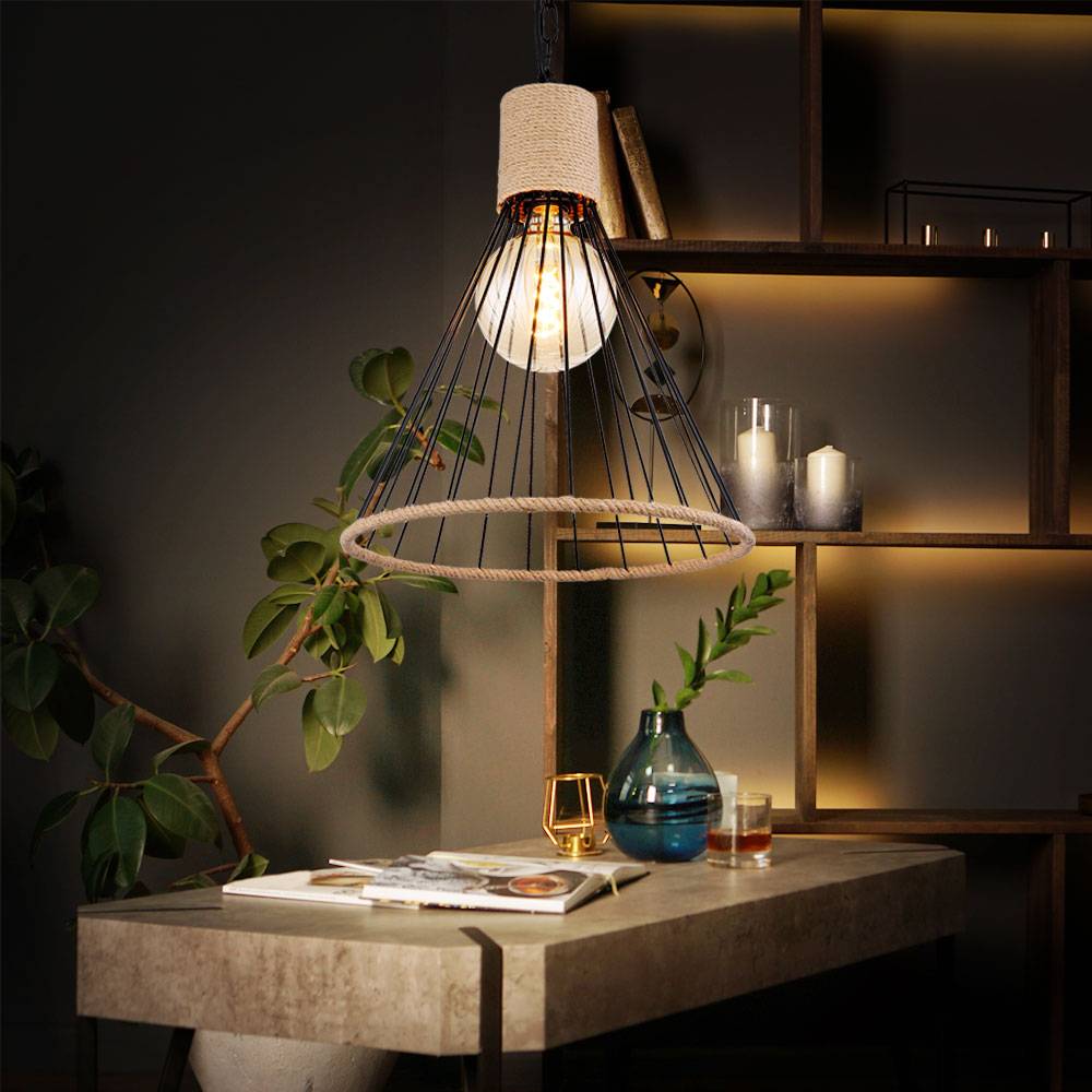 Pendellampe Hanfseil Hängeleuchte Kette Esszimmer Pendelleuchte im Käfig Design, schwarz, Fernbedienung dimmbar, RGB LED 8,5W 806Lm warmweiß, DxH