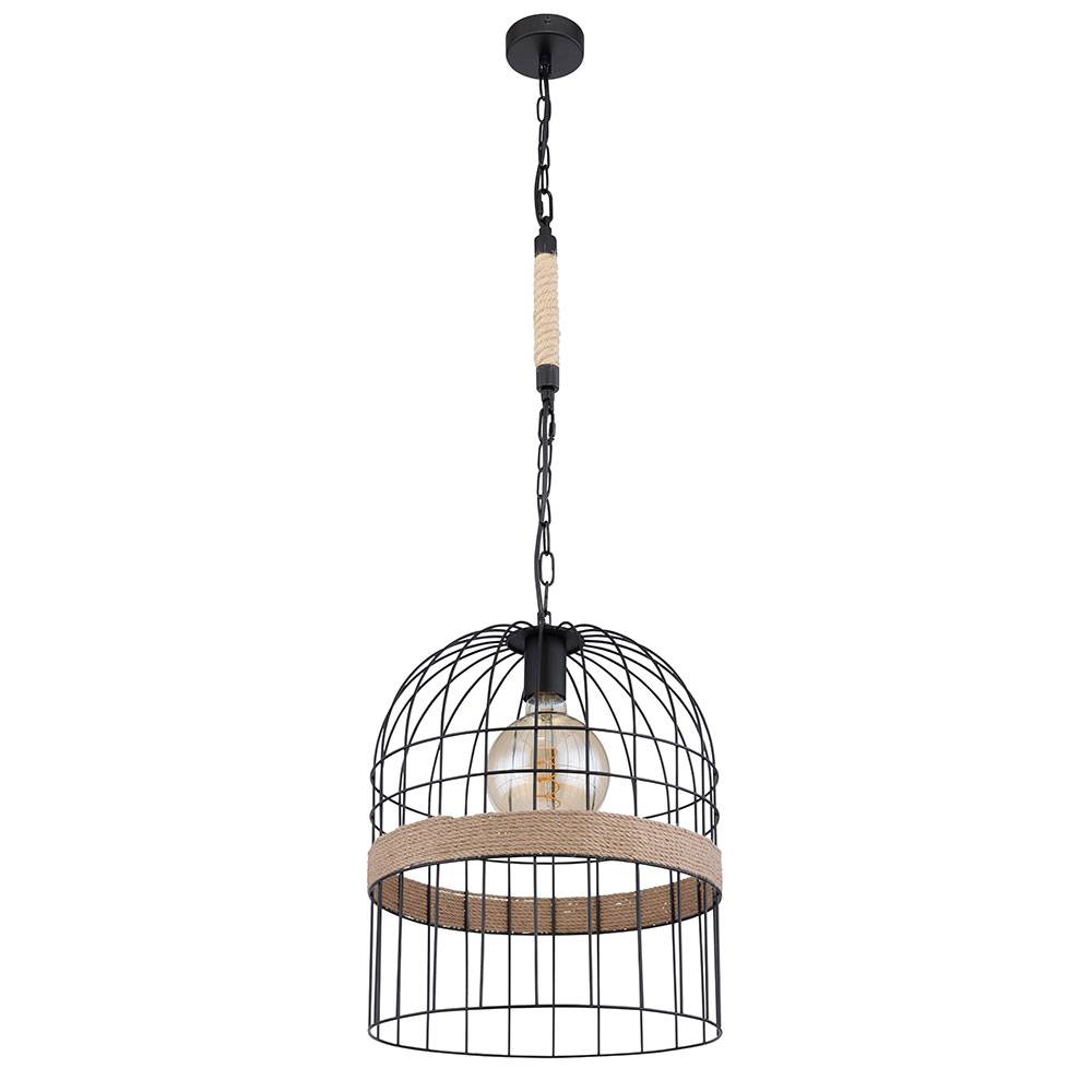 Hängeleuchte Pendellampe Hanfseil Pendelleuchte Wohnzimmer Hängeleuchte Metallgitter Optik, schwarz braun, 1x E27 Fassung, DxH 35x140 cm