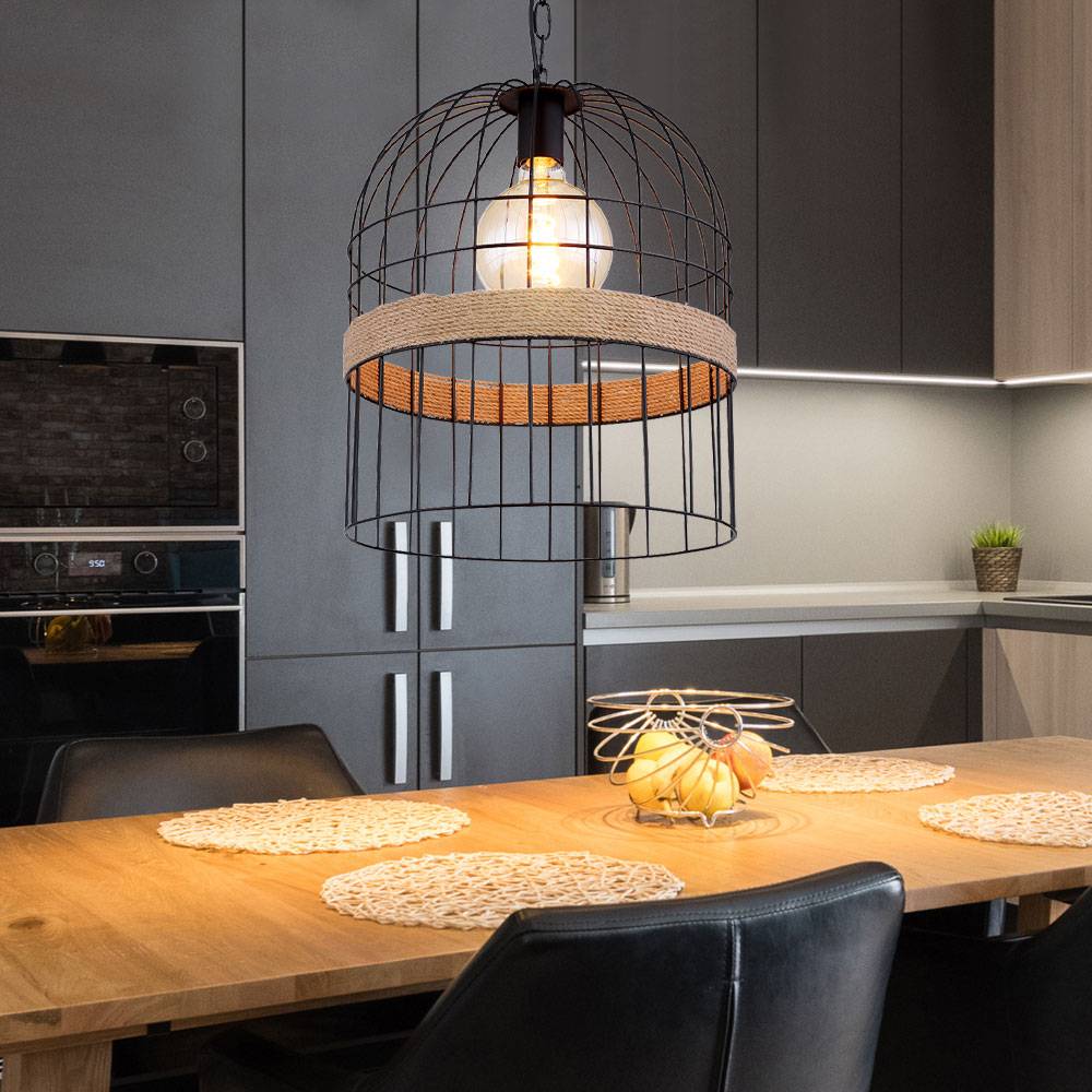 Hängeleuchte Pendellampe Hanfseil Pendelleuchte Wohnzimmer Hängeleuchte Metallgitter Optik, schwarz braun, 1x E27 Fassung, DxH 35x140 cm