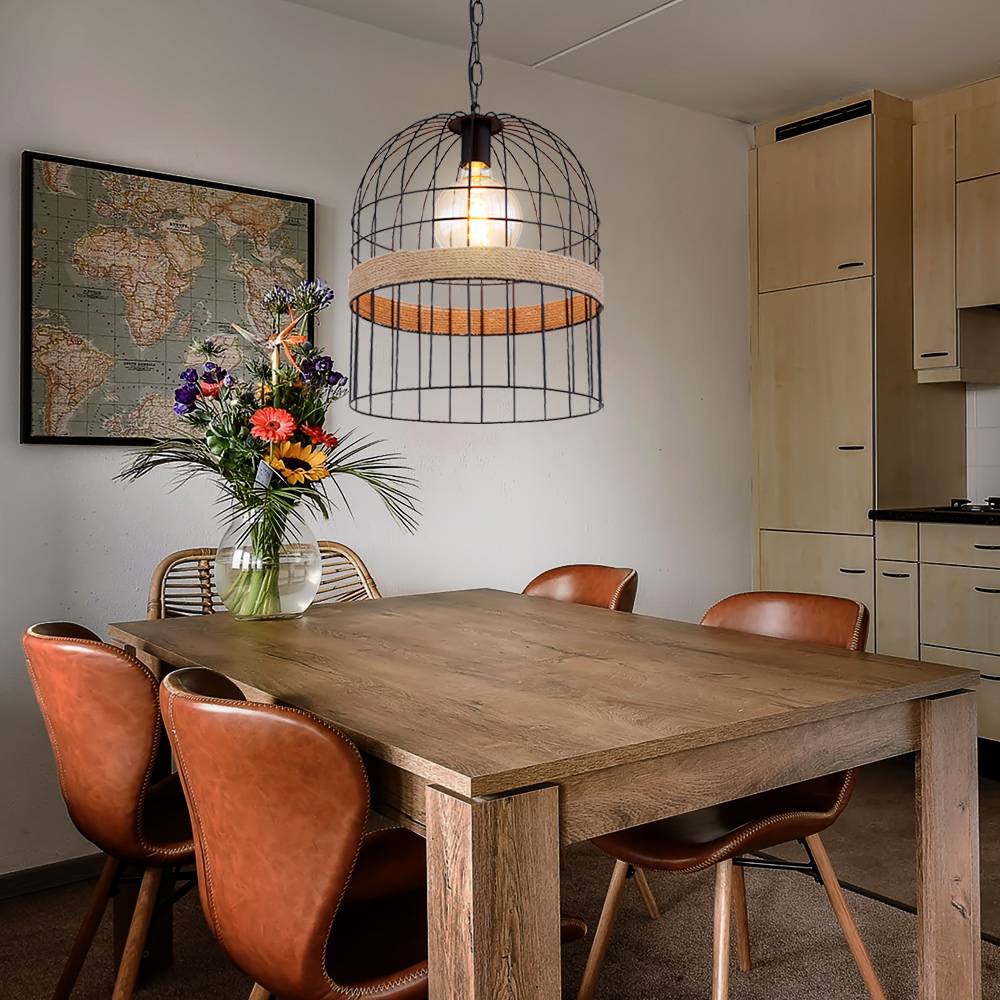 Hängeleuchte Pendellampe Hanfseil Pendelleuchte Wohnzimmer Hängeleuchte Metallgitter Optik, schwarz braun, 1x E27 Fassung, DxH 35x140 cm